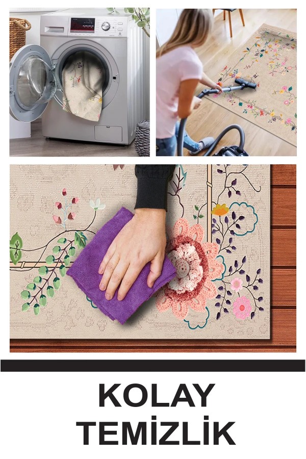 Florina Modern Kadife Desenli Pamuk Tabanlı Yıkanabilen Kaydırmaz Antibakteriyel Salon Halısı