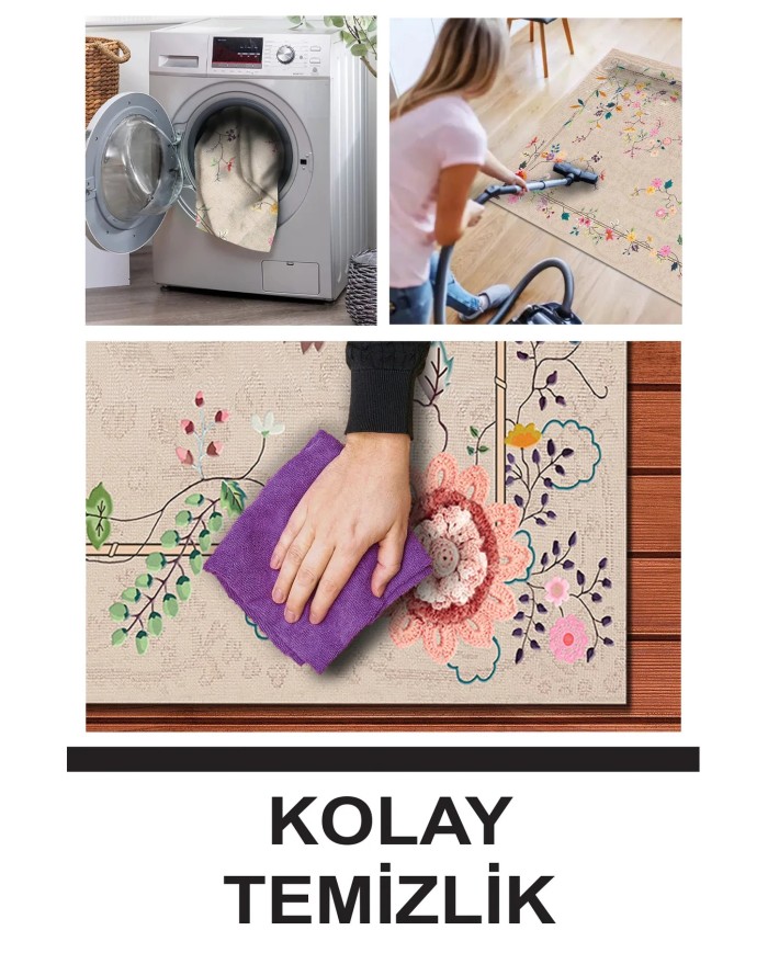 Florina Modern Kadife Desenli Pamuk Tabanlı Yıkanabilen Kaydırmaz Antibakteriyel Salon Halısı