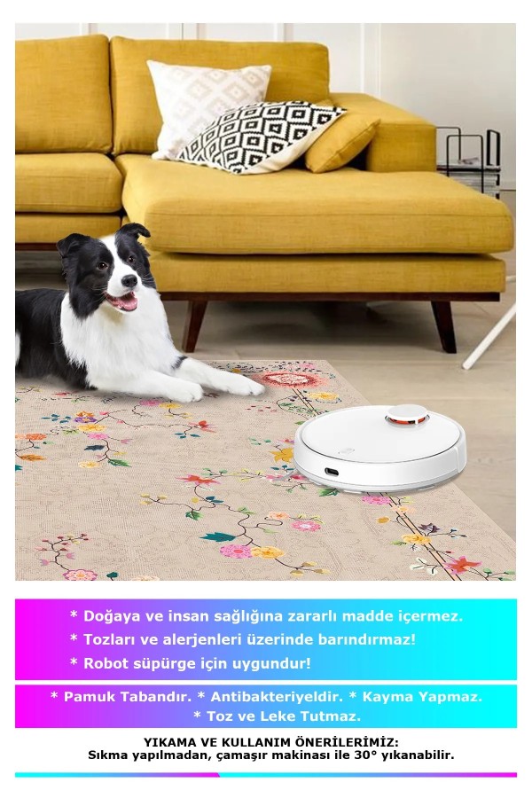 Florina Modern Kadife Desenli Pamuk Tabanlı Yıkanabilen Kaydırmaz Antibakteriyel Salon Halısı