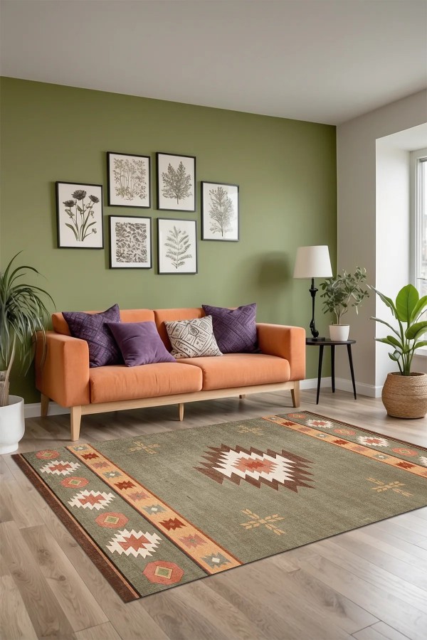 Diaz Modern Kadife Desenli Pamuk Tabanlı Yıkanabilen Kaydırmaz Antibakteriyel Salon Halısı