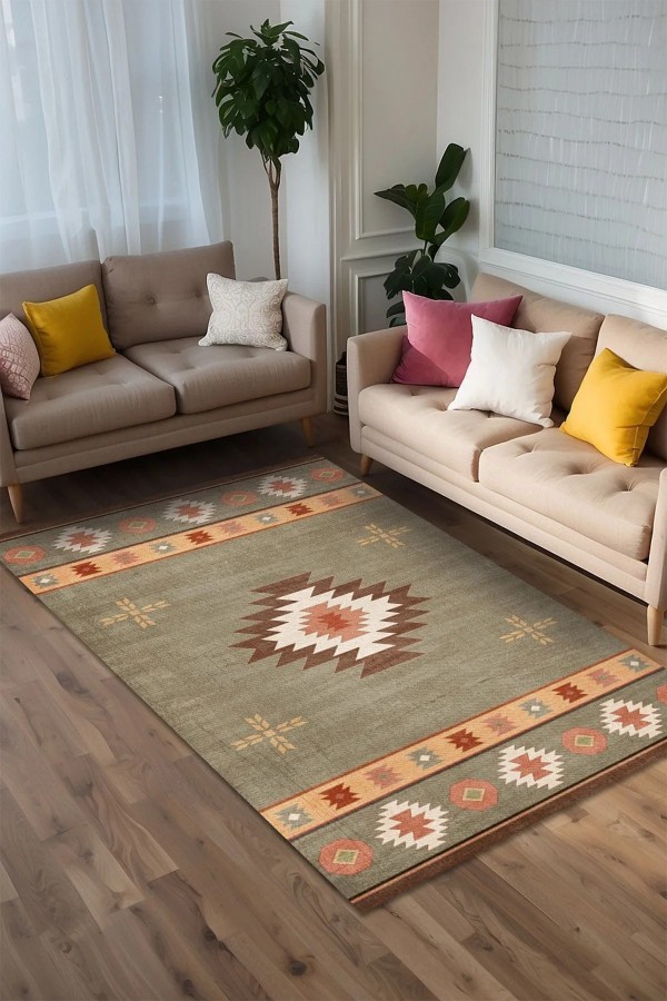 Diaz Modern Kadife Desenli Pamuk Tabanlı Yıkanabilen Kaydırmaz Antibakteriyel Salon Halısı