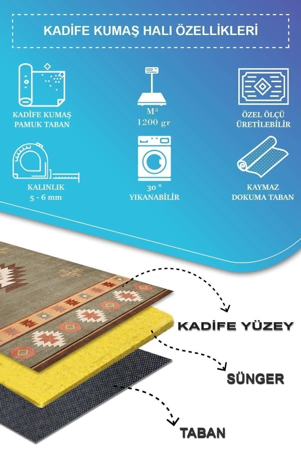 Diaz Modern Kadife Desenli Pamuk Tabanlı Yıkanabilen Kaydırmaz Antibakteriyel Salon Halısı