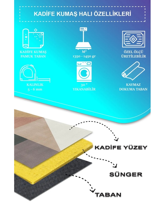 Fobcolors Modern Kadife Desenli Pamuk Tabanlı Yıkanabilen Kaydırmaz Antibakteriyel Salon Halısı