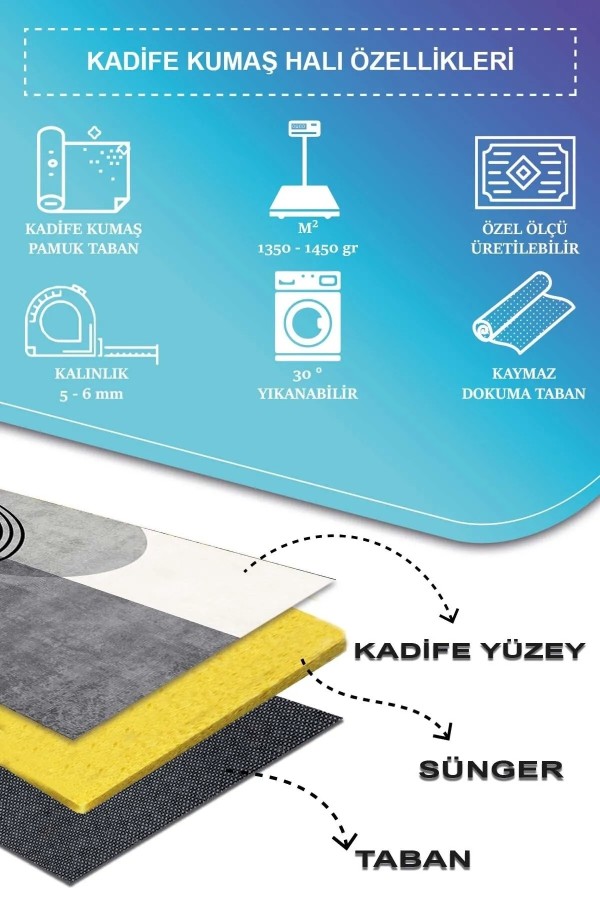 Sare Modern Kadife Desenli Pamuk Tabanlı Yıkanabilen Kaydırmaz Antibakteriyel Salon Halısı