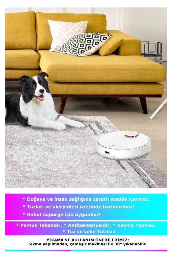 Lareny Modern Kadife Desenli Pamuk Tabanlı Yıkanabilen Kaydırmaz Antibakteriyel Salon Halısı