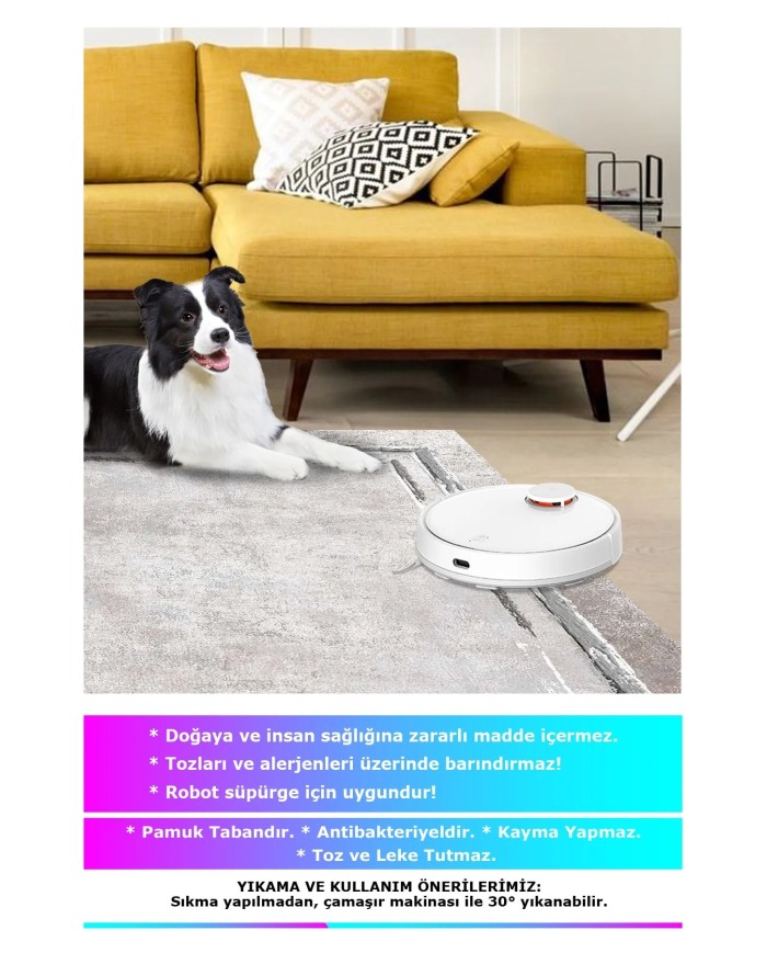 Lareny Modern Kadife Desenli Pamuk Tabanlı Yıkanabilen Kaydırmaz Antibakteriyel Salon Halısı