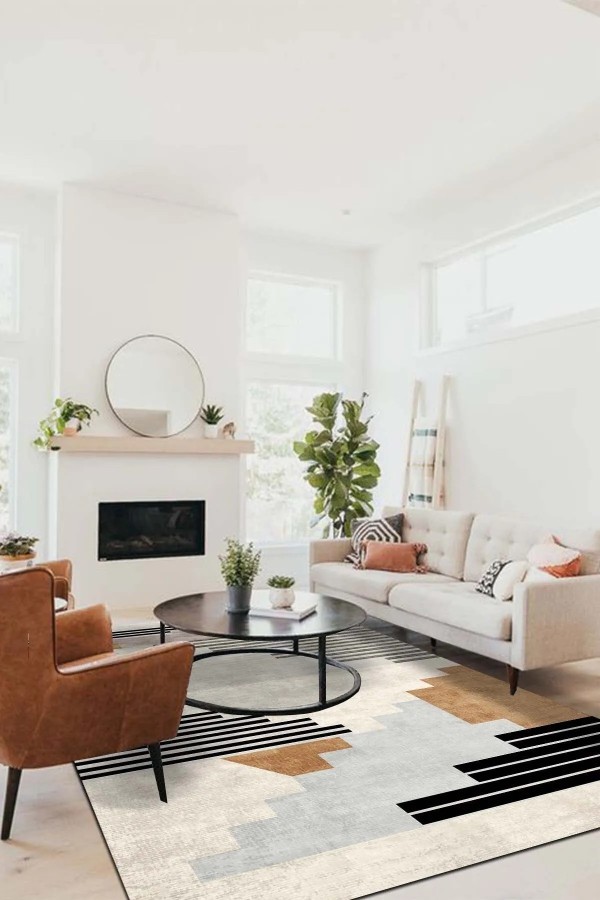 Carie Modern Kadife Desenli Pamuk Tabanlı Yıkanabilen Kaydırmaz Antibakteriyel Salon Halısı