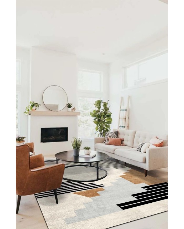 Carie Modern Kadife Desenli Pamuk Tabanlı Yıkanabilen Kaydırmaz Antibakteriyel Salon Halısı