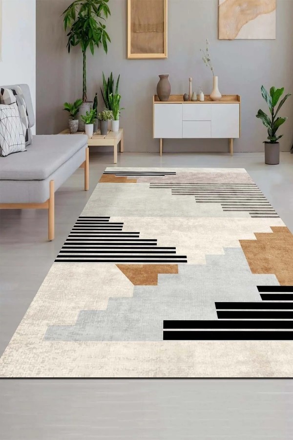 Carie Modern Kadife Desenli Pamuk Tabanlı Yıkanabilen Kaydırmaz Antibakteriyel Salon Halısı