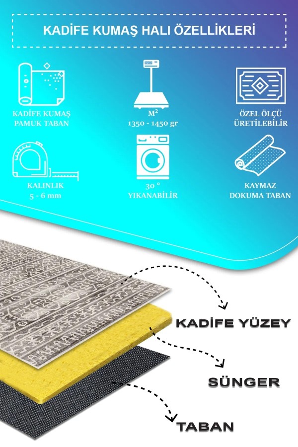 Adani Modern Kadife Desenli Pamuk Tabanlı Yıkanabilen Kaydırmaz Antibakteriyel Salon Halısı