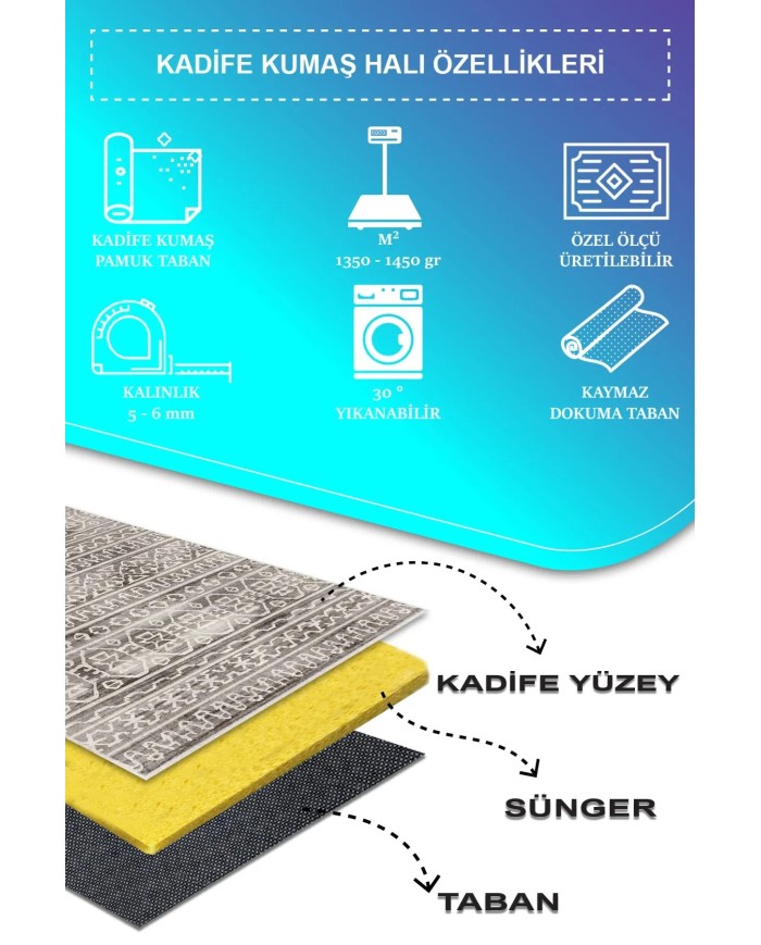 Adani Modern Kadife Desenli Pamuk Tabanlı Yıkanabilen Kaydırmaz Antibakteriyel Salon Halısı
