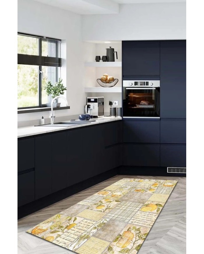 Sarahis Modern Kadife Desenli Pamuk Tabanlı Yıkanabilen Kaydırmaz Antibakteriyel Mutfak Halısı