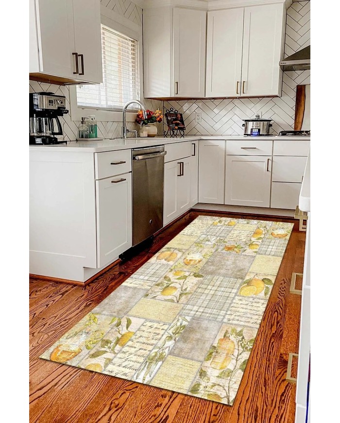 Sarahis Modern Kadife Desenli Pamuk Tabanlı Yıkanabilen Kaydırmaz Antibakteriyel Mutfak Halısı