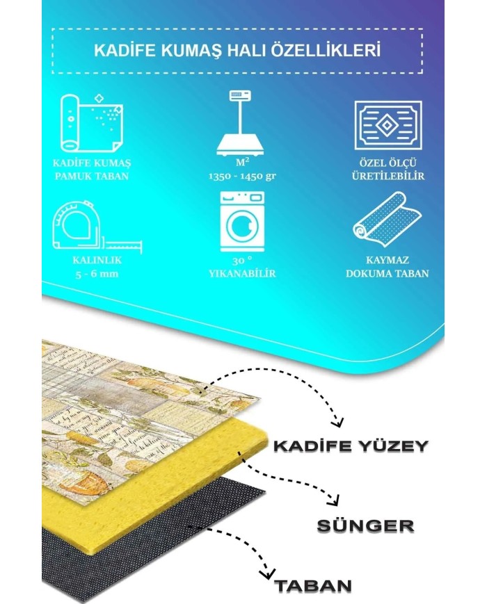 Sarahis Modern Kadife Desenli Pamuk Tabanlı Yıkanabilen Kaydırmaz Antibakteriyel Mutfak Halısı