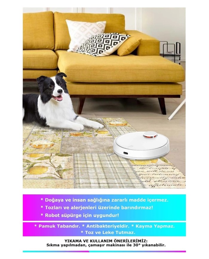 Sarahis Modern Kadife Desenli Pamuk Tabanlı Yıkanabilen Kaydırmaz Antibakteriyel Mutfak Halısı