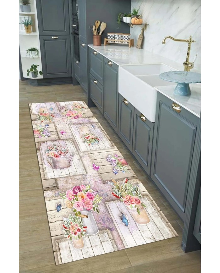 Selgos Modern Kadife Desenli Pamuk Tabanlı Yıkanabilen Kaydırmaz Antibakteriyel Mutfak Halısı