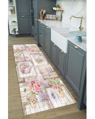 Selgos Modern Kadife Desenli Pamuk Tabanlı Yıkanabilen Kaydırmaz Antibakteriyel Mutfak Halısı