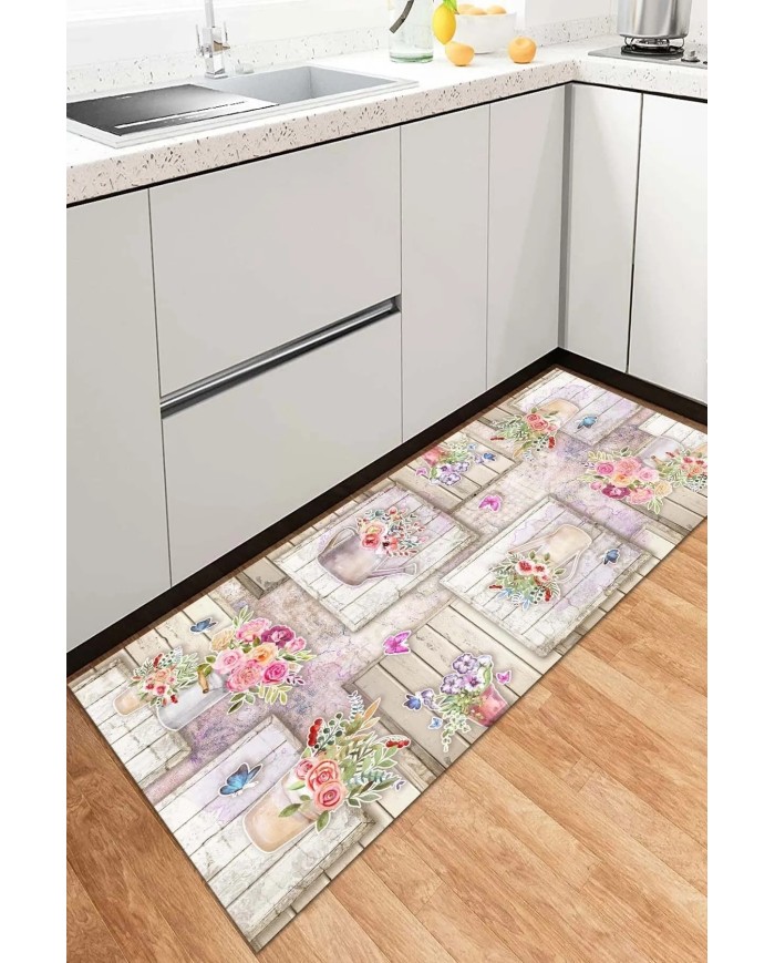 Selgos Modern Kadife Desenli Pamuk Tabanlı Yıkanabilen Kaydırmaz Antibakteriyel Mutfak Halısı