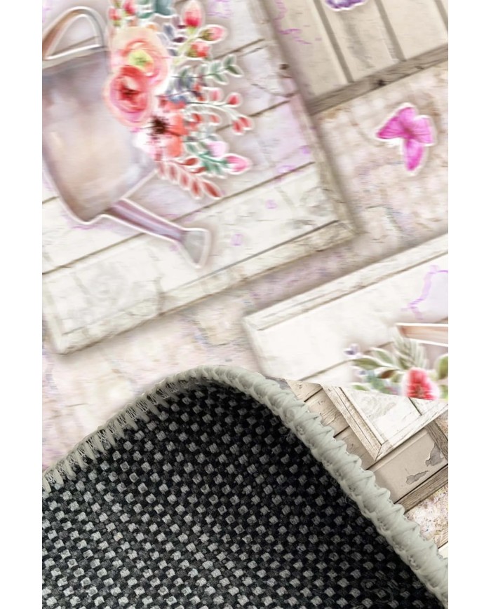 Selgos Modern Kadife Desenli Pamuk Tabanlı Yıkanabilen Kaydırmaz Antibakteriyel Mutfak Halısı