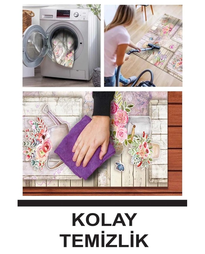 Selgos Modern Kadife Desenli Pamuk Tabanlı Yıkanabilen Kaydırmaz Antibakteriyel Mutfak Halısı