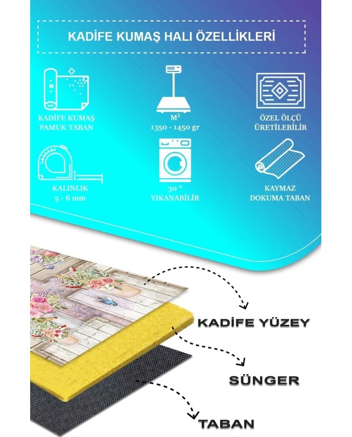 Selgos Modern Kadife Desenli Pamuk Tabanlı Yıkanabilen Kaydırmaz Antibakteriyel Mutfak Halısı