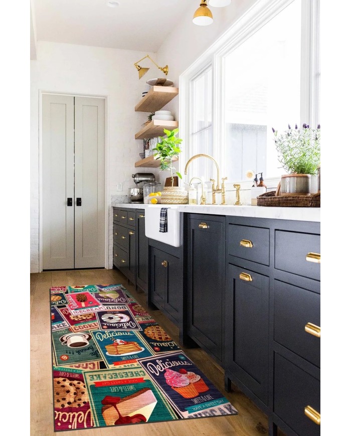 Krizan Modern Kadife Desenli Pamuk Tabanlı Yıkanabilen Kaydırmaz Antibakteriyel Mutfak Halısı