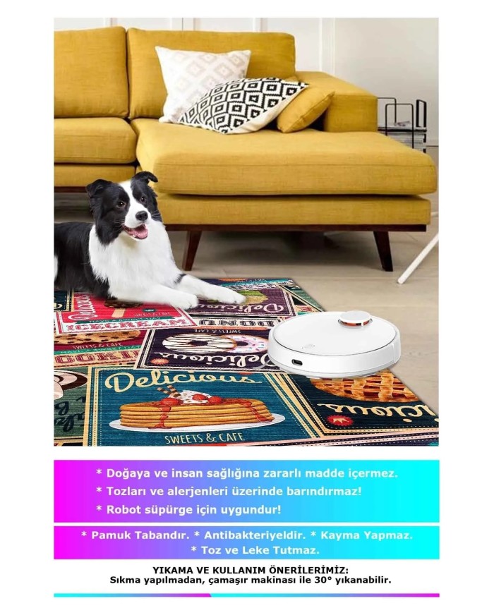 Krizan Modern Kadife Desenli Pamuk Tabanlı Yıkanabilen Kaydırmaz Antibakteriyel Mutfak Halısı