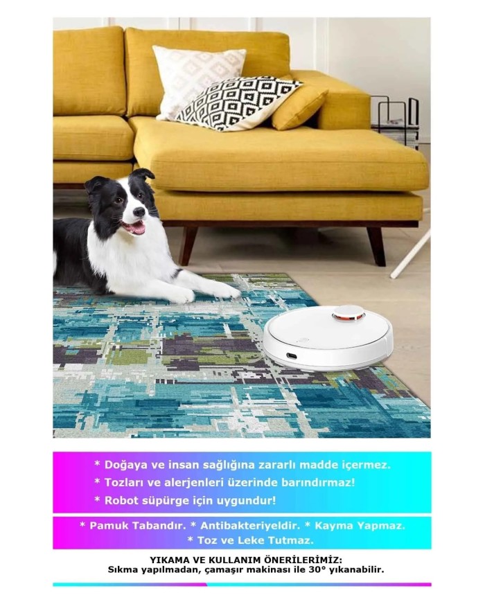 Ocımum Patchwork  Kadife  Pamuk Tabanlı Yıkanabilen Kaydırmaz Antibakteriyel Salon Halısı