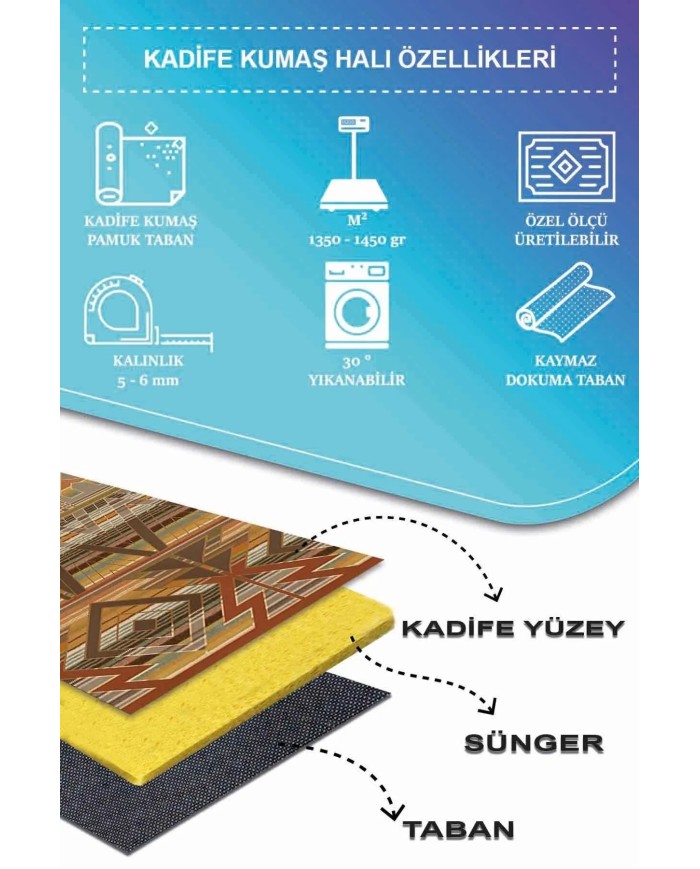 Croce Modern Kadife Desenli Pamuk Tabanlı Yıkanabilen Kaydırmaz Antibakteriyel Salon Halısı