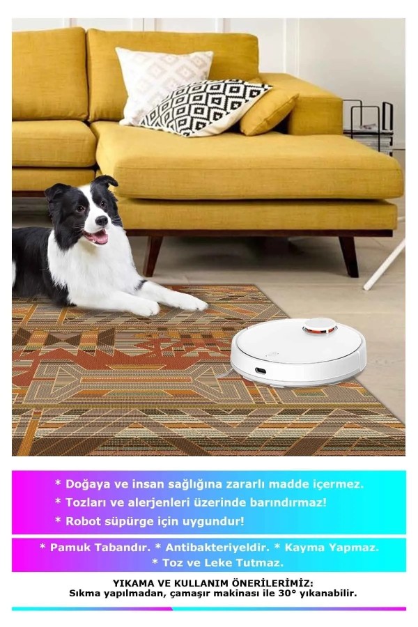 Croce Modern Kadife Desenli Pamuk Tabanlı Yıkanabilen Kaydırmaz Antibakteriyel Salon Halısı