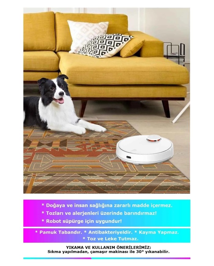 Croce Modern Kadife Desenli Pamuk Tabanlı Yıkanabilen Kaydırmaz Antibakteriyel Salon Halısı