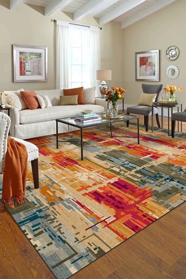 Ocımum Modern Kadife Patchwork Desenli Pamuk Tabanlı Yıkanabilen Kaydırmaz Antibakteriyel Salon Halısı