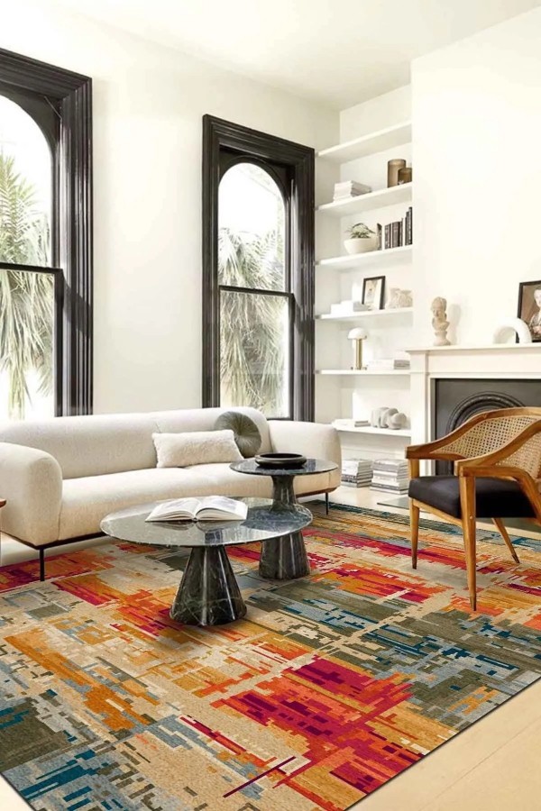 Ocımum Modern Kadife Patchwork Desenli Pamuk Tabanlı Yıkanabilen Kaydırmaz Antibakteriyel Salon Halısı