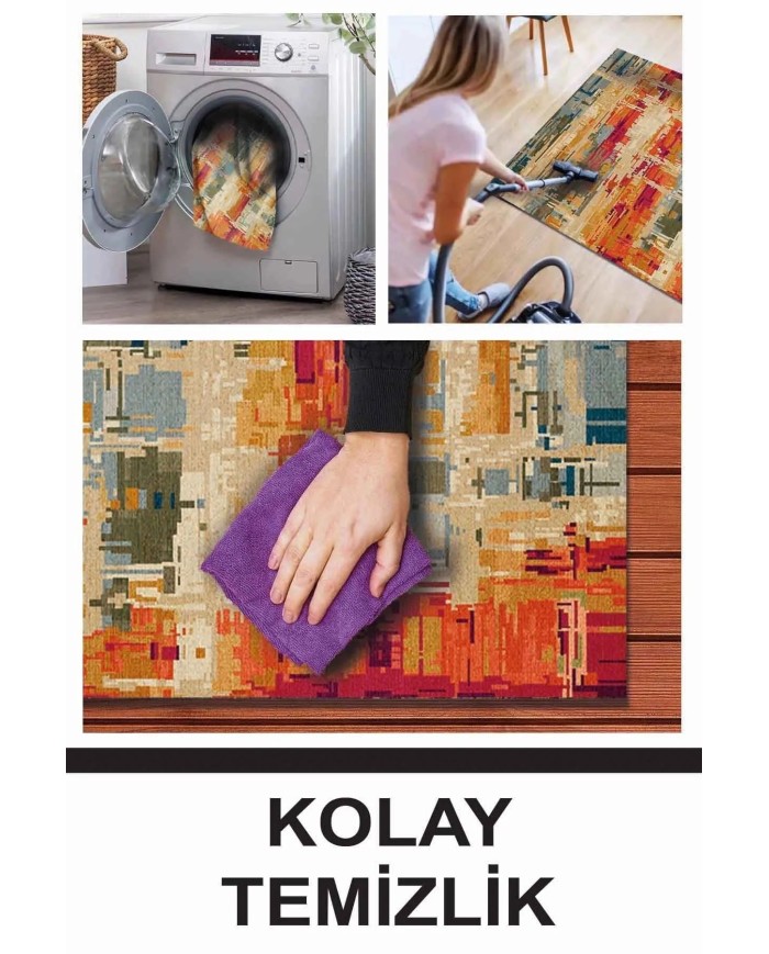Ocımum Modern Kadife Patchwork Desenli Pamuk Tabanlı Yıkanabilen Kaydırmaz Antibakteriyel Salon Halısı