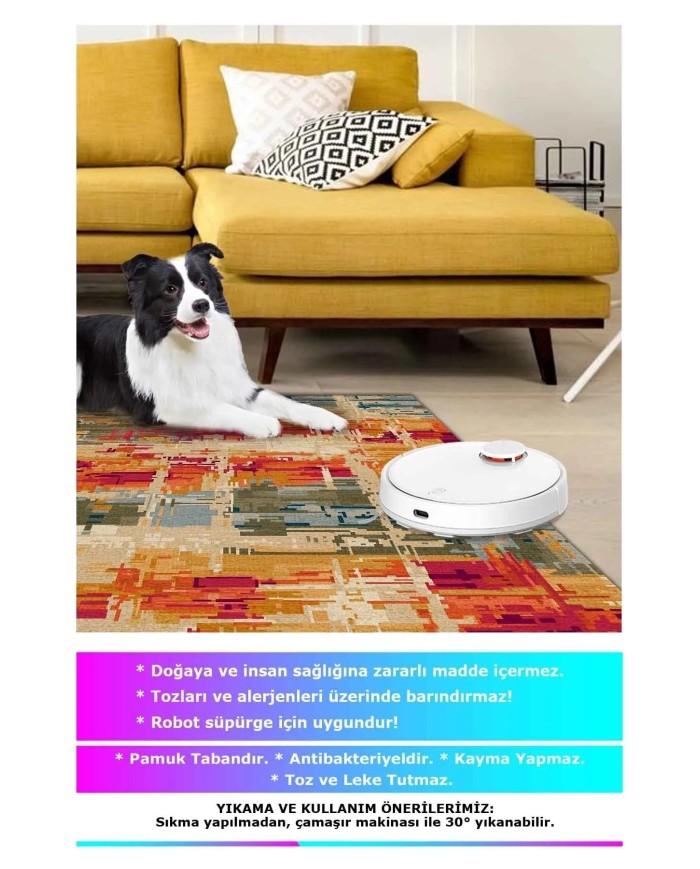 Ocımum Modern Kadife Patchwork Desenli Pamuk Tabanlı Yıkanabilen Kaydırmaz Antibakteriyel Salon Halısı