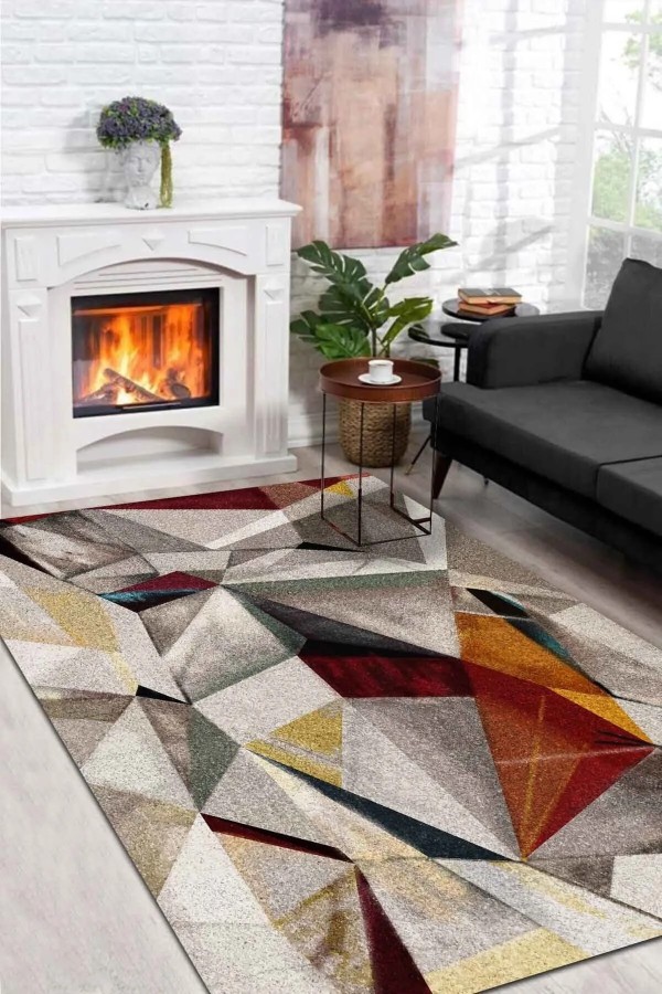 Boug Modern Kadife Geometrik Desenli Pamuk Tabanlı Yıkanabilen Kaydırmaz Antibakteriyel Salon Halısı