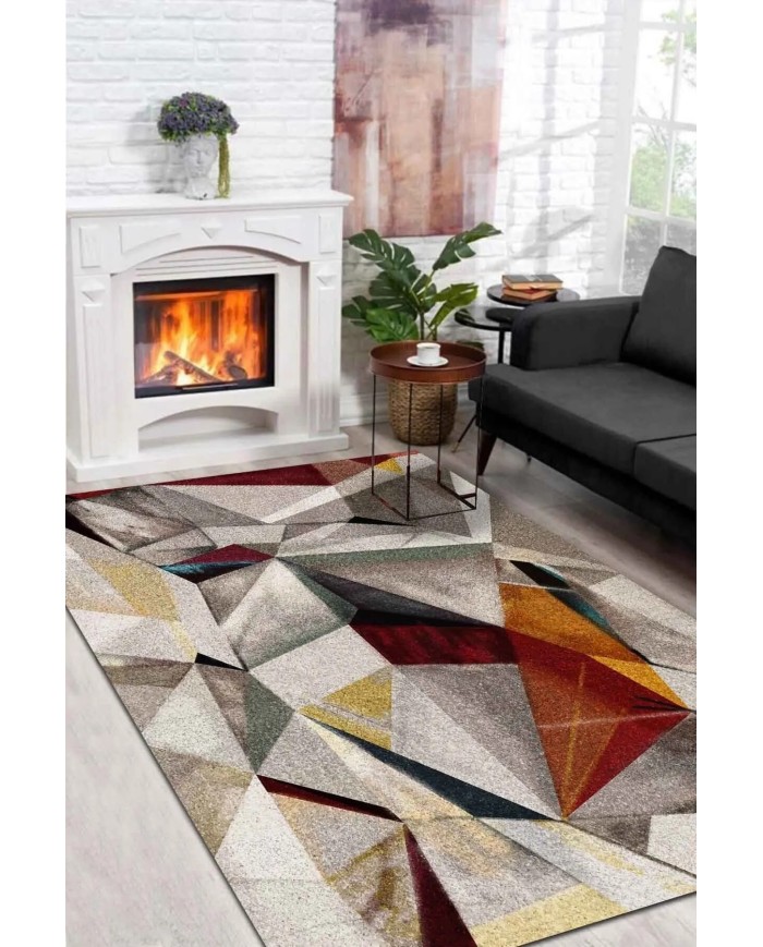 Boug Modern Kadife Geometrik Desenli Pamuk Tabanlı Yıkanabilen Kaydırmaz Antibakteriyel Salon Halısı