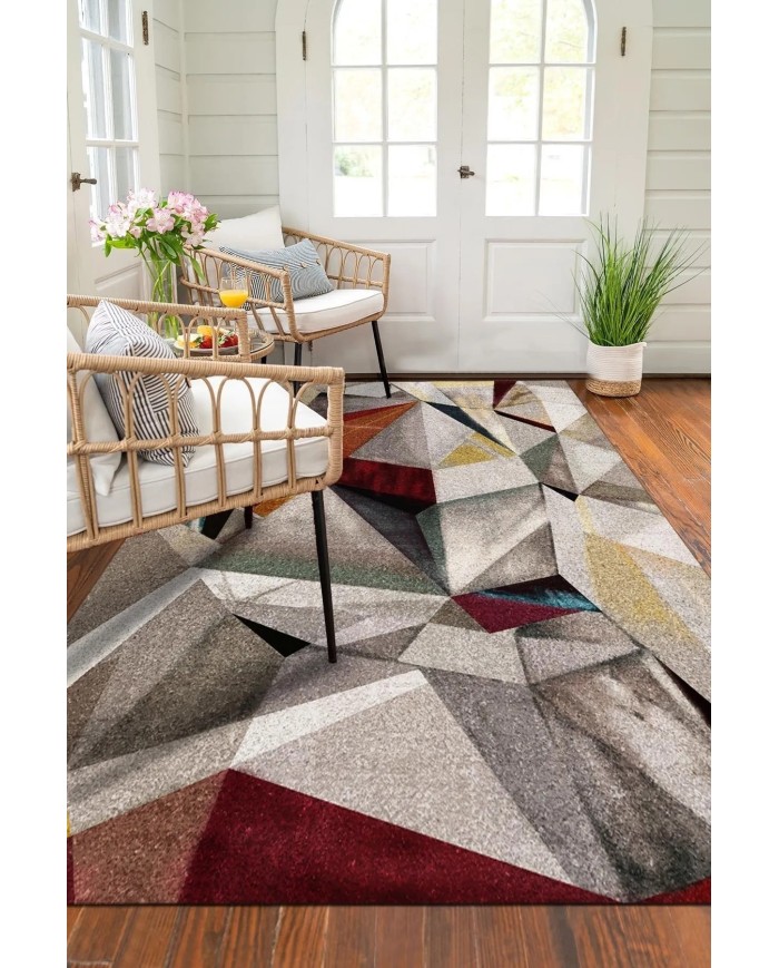Boug Modern Kadife Geometrik Desenli Pamuk Tabanlı Yıkanabilen Kaydırmaz Antibakteriyel Salon Halısı