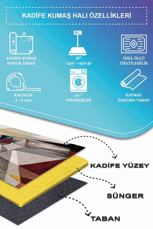 Boug Modern Kadife Geometrik Desenli Pamuk Tabanlı Yıkanabilen Kaydırmaz Antibakteriyel Salon Halısı
