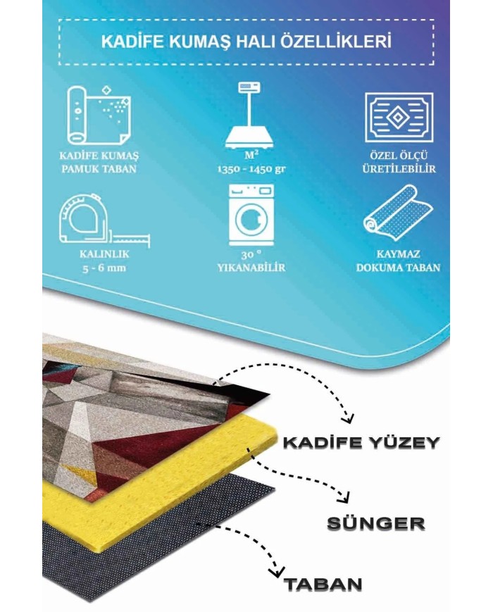 Boug Modern Kadife Geometrik Desenli Pamuk Tabanlı Yıkanabilen Kaydırmaz Antibakteriyel Salon Halısı