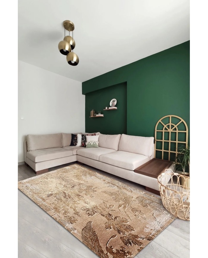 Hana Modern Kadife Eko Desenli Pamuk Tabanlı Yıkanabilen Kaydırmaz Antibakteriyel Salon Halısı