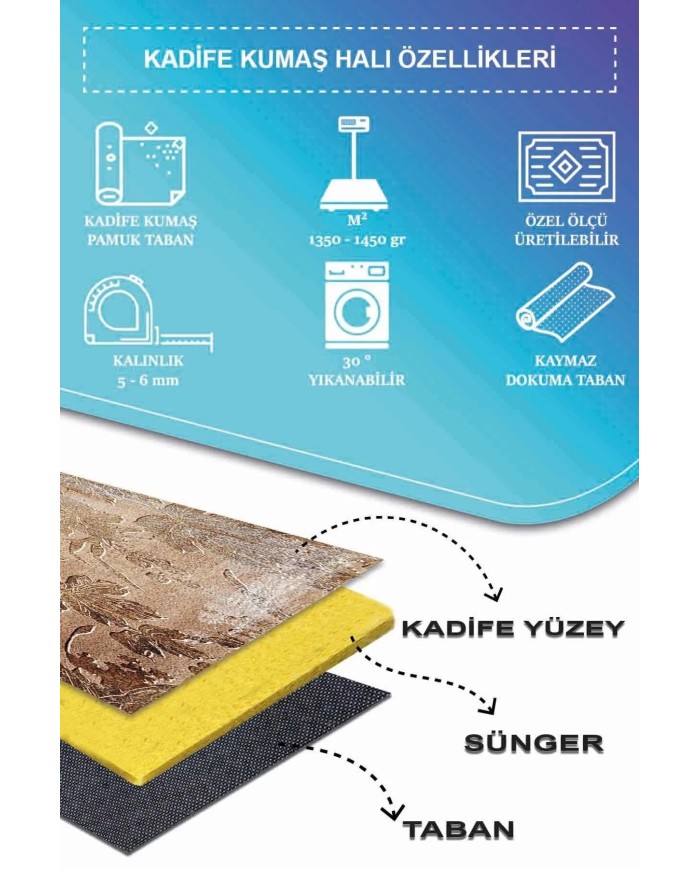 Hana Modern Kadife Eko Desenli Pamuk Tabanlı Yıkanabilen Kaydırmaz Antibakteriyel Salon Halısı