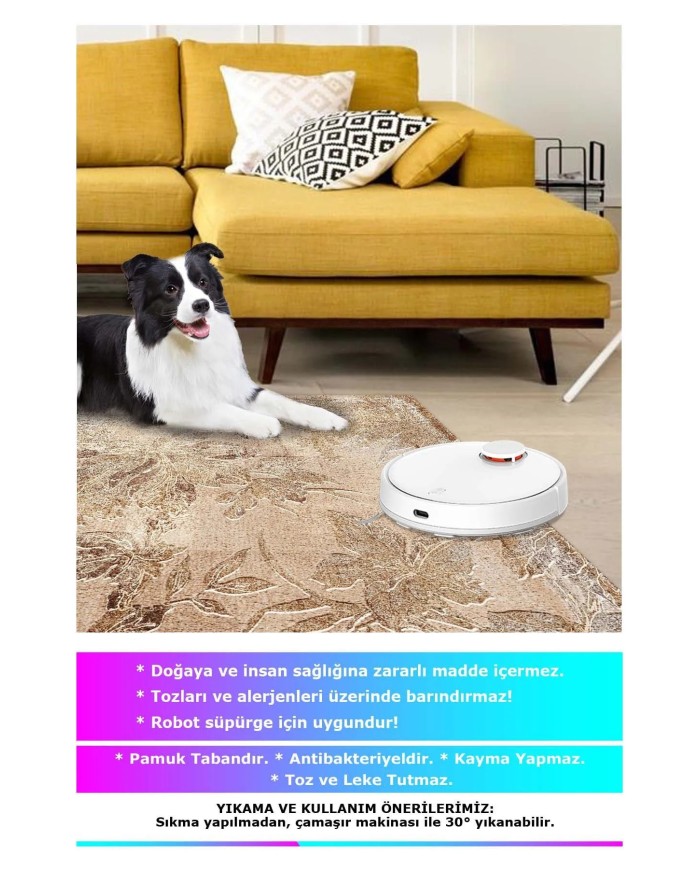 Hana Modern Kadife Eko Desenli Pamuk Tabanlı Yıkanabilen Kaydırmaz Antibakteriyel Salon Halısı