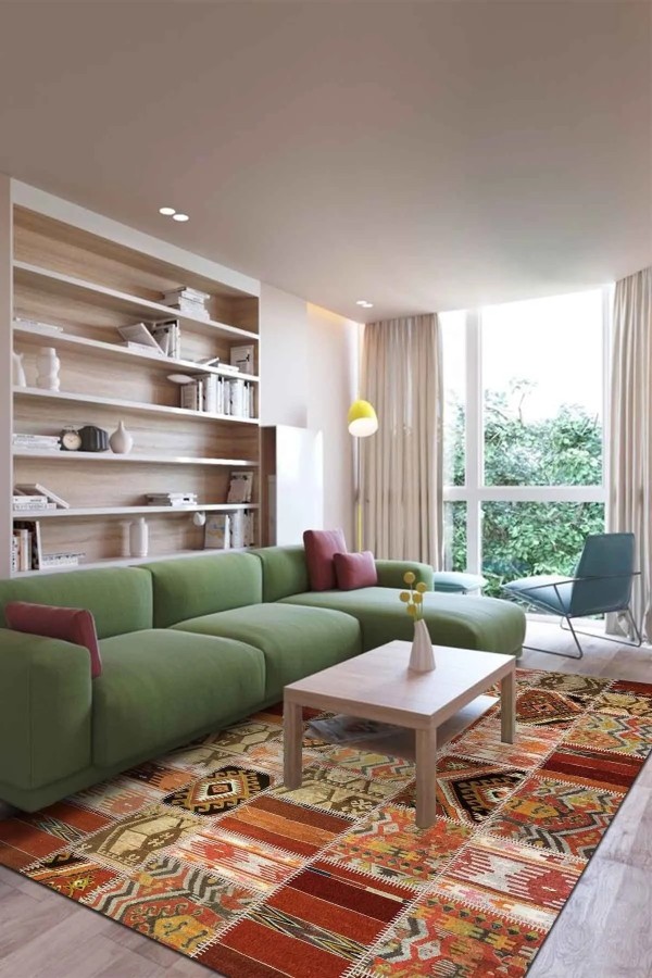 Carnosa Patchwork Desenli Kadife Pamukyıkanabilen Kaydırmaz Antibakteriyel Salon Halısı