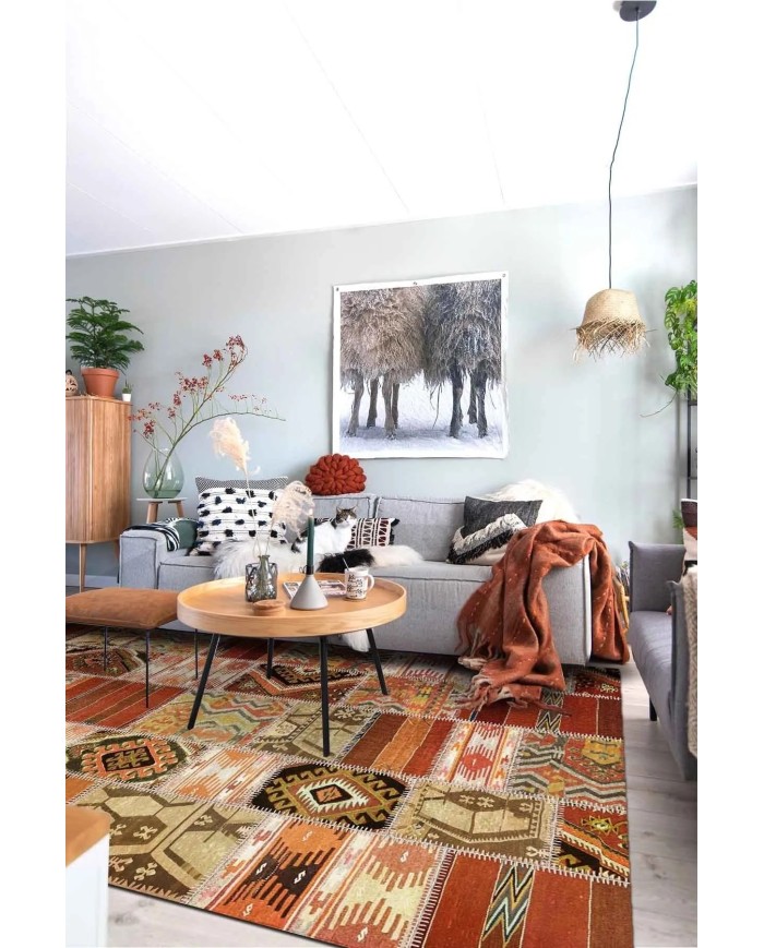 Carnosa Patchwork Desenli Kadife Pamukyıkanabilen Kaydırmaz Antibakteriyel Salon Halısı