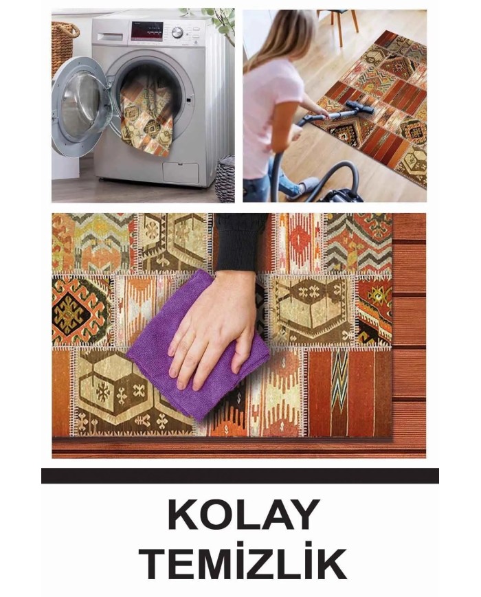 Carnosa Patchwork Desenli Kadife Pamukyıkanabilen Kaydırmaz Antibakteriyel Salon Halısı
