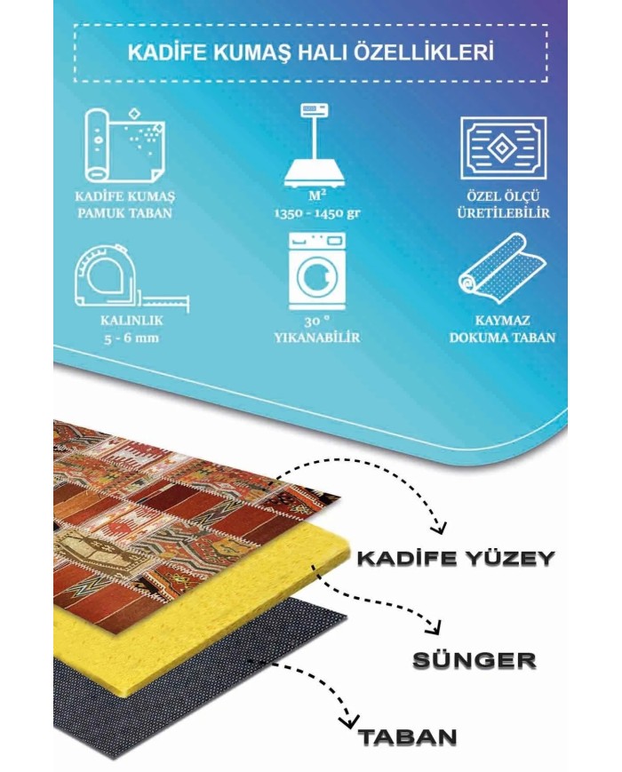 Carnosa Patchwork Desenli Kadife Pamukyıkanabilen Kaydırmaz Antibakteriyel Salon Halısı