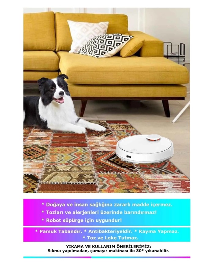 Carnosa Patchwork Desenli Kadife Pamukyıkanabilen Kaydırmaz Antibakteriyel Salon Halısı