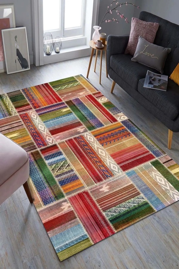 Bitsy Patchwork Kadife Modern Pamuk Tabanlı Yıkanabilen Kaydırmaz Antibakteriyel Salon Halısı