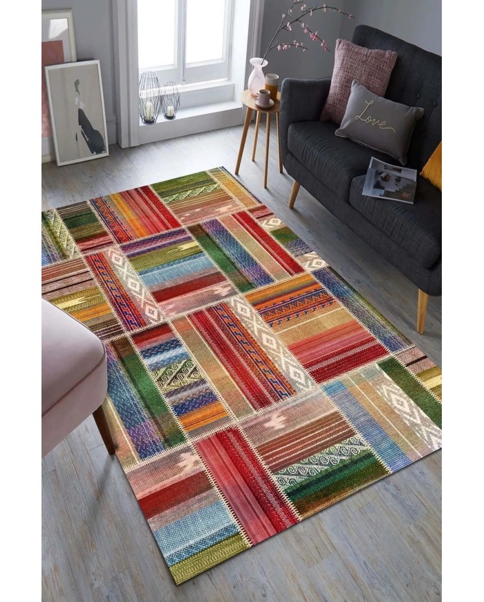 Bitsy Patchwork Kadife Modern Pamuk Tabanlı Yıkanabilen Kaydırmaz Antibakteriyel Salon Halısı